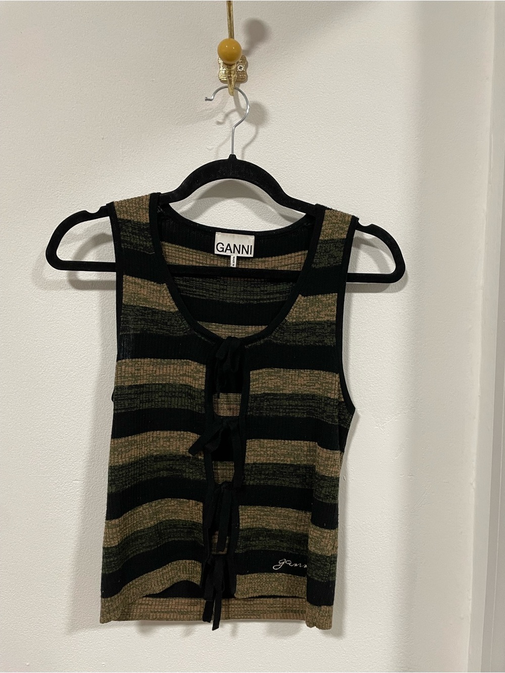 Ganni Black & Olive Striped Tie-Front Sweater